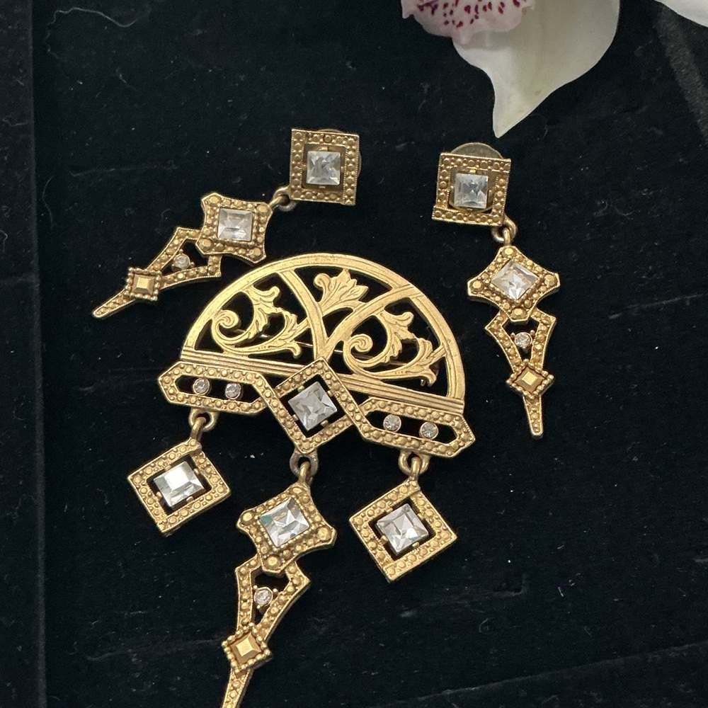 Vintage 1980s Gold and Silver Art Deco Earrings & Brooch Set